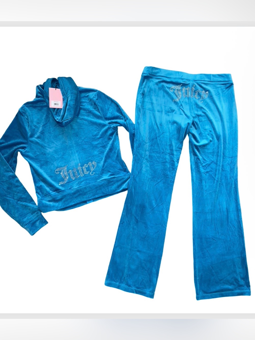 JUICY COUTURE TURQUOISE FLASH BLING RHINESTONE VELOUR TRACKSUIT SWEATSUIT NWT